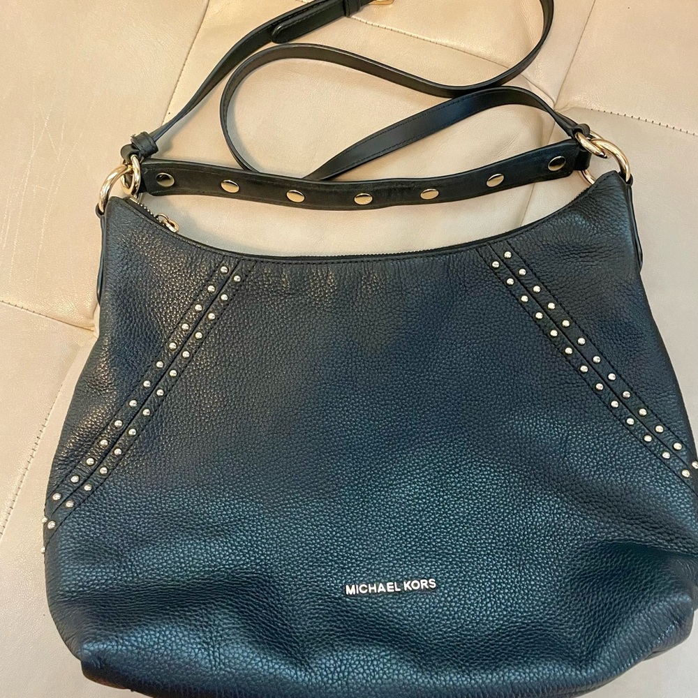 MICHAEL KORS Black Pebbled Leather Shoulder Bag with Stud Detail